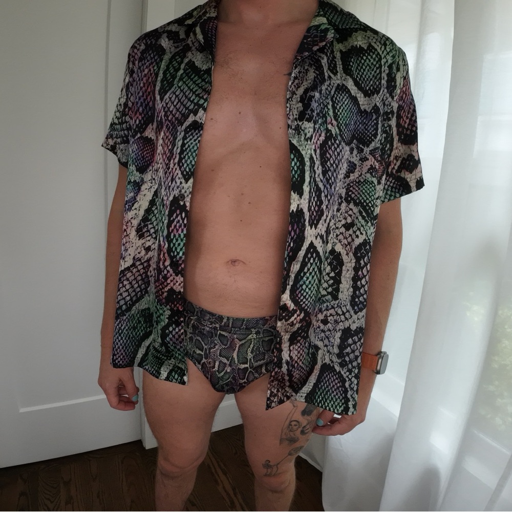 ASOS snakeskin print swim set. Button down and swim brief in size medium